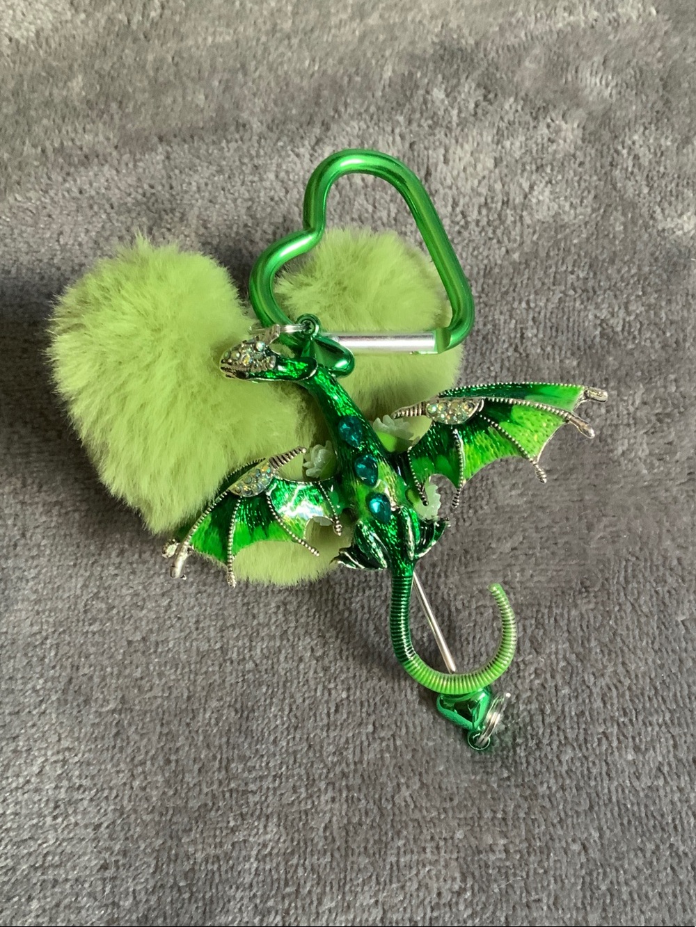 Green Dragon Keychain with Fuzzy Pom Pom